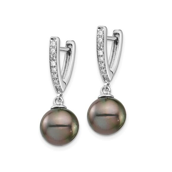 14K White Gold Black Saltwater Tahitian Dangle Pearl Earrings (9-10mm) - Picture 4 of 5
